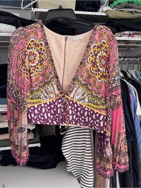Alice + Olivia Pink and Purple Paisley Tie-Front Cropped Blouse